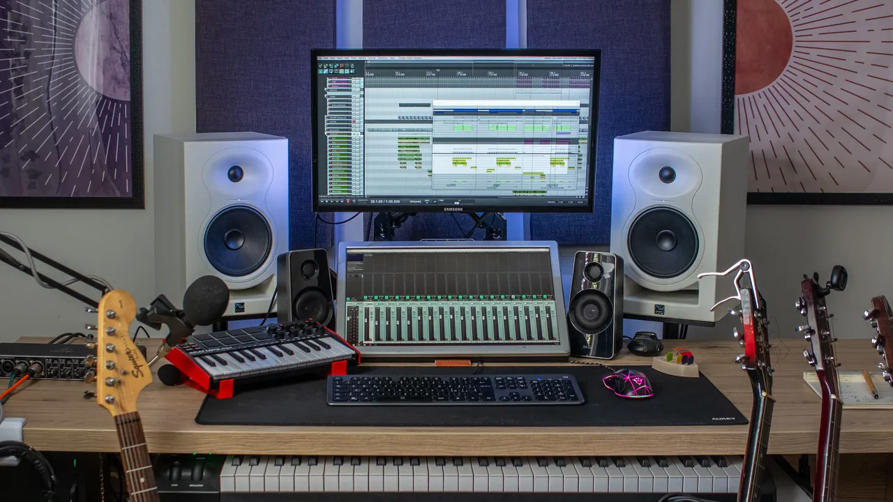 Mazzè Studio One: postazione con monitor, mixer, diffusori e pannelli fonoassorbenti